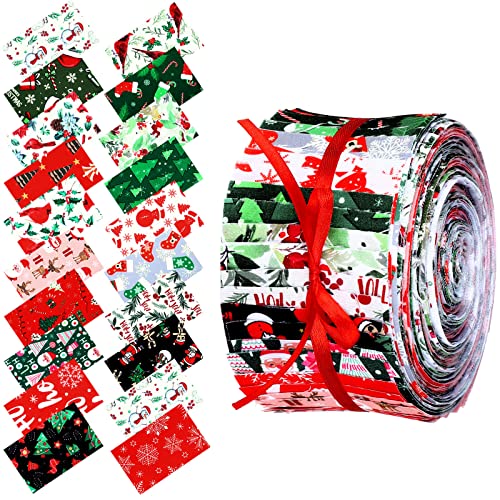Tegeme 40 Pcs Christmas Jelly Fabric for Quilting Strips 2.55 Inch Xmas roll Red and Green Precut Fabric Patchwork Rolls for Quilting and Sewing DIY Crafts (Vivid Style)