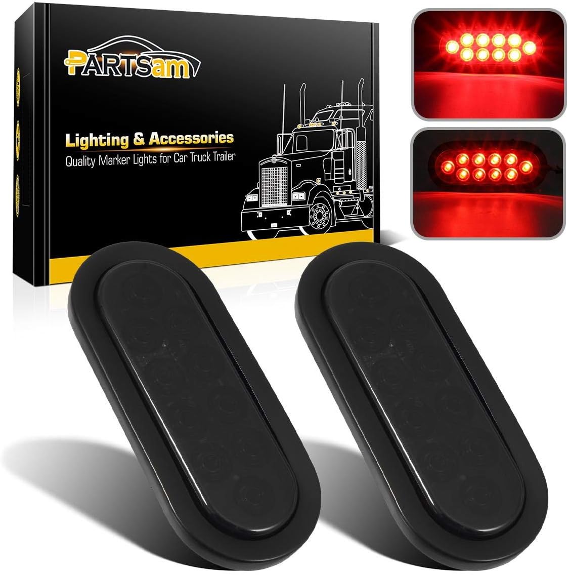 Partsam 2Pcs 6 Inch Oval Red Led Trailer Tail Lights 10 Diodes Smoke Lens Stop Brake Turn Lights Grommet and Pigtails Submersible 12V Sealed for RV Trucks, 6 Oval led Tail Lights Smoked