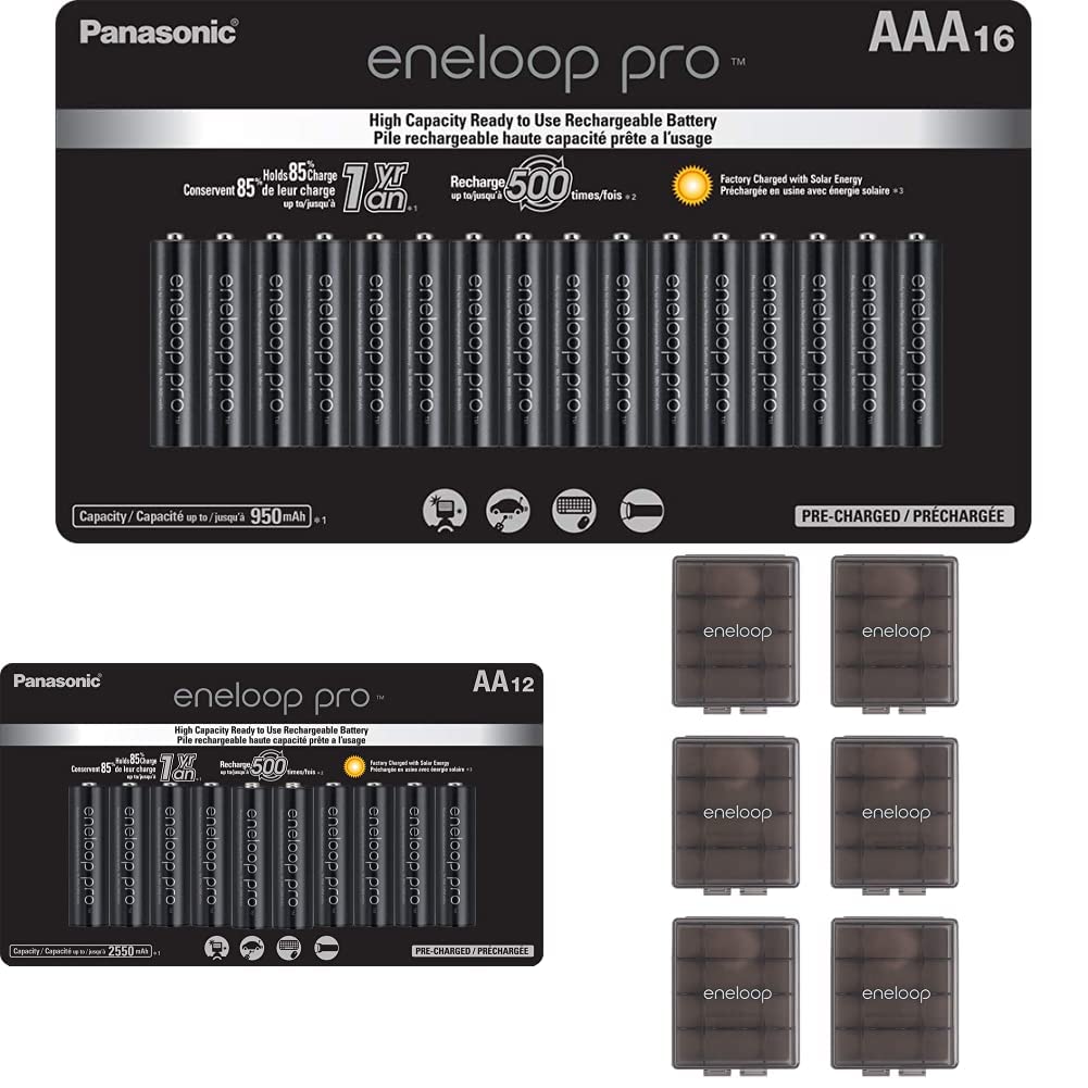 Eneloop Panasonic BK-4HCCA16FA pro AAA Rechargeable Batteries, 16 Pack & BK-3HCCA12FA pro AA Rechargeable Batteries, 12 Pack & Panasonic Battery Storage Cases, Obsidian Gray (Pack of 6)