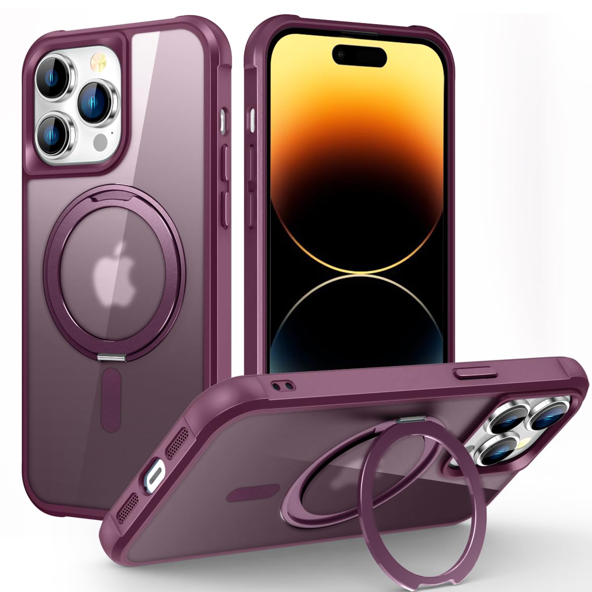 360°回転スタンド付き iPhone 14 Pro ケース MagSafe対応 縦横両対応 スリム 半透明 薄型 マグネット搭載 隠しスタンド アイフォン14 Pro 用 スマホケース 磁気 耐衝撃 男女兼用 米軍MIL規格の保護 指紋防止 耐黄変, ワインレッド