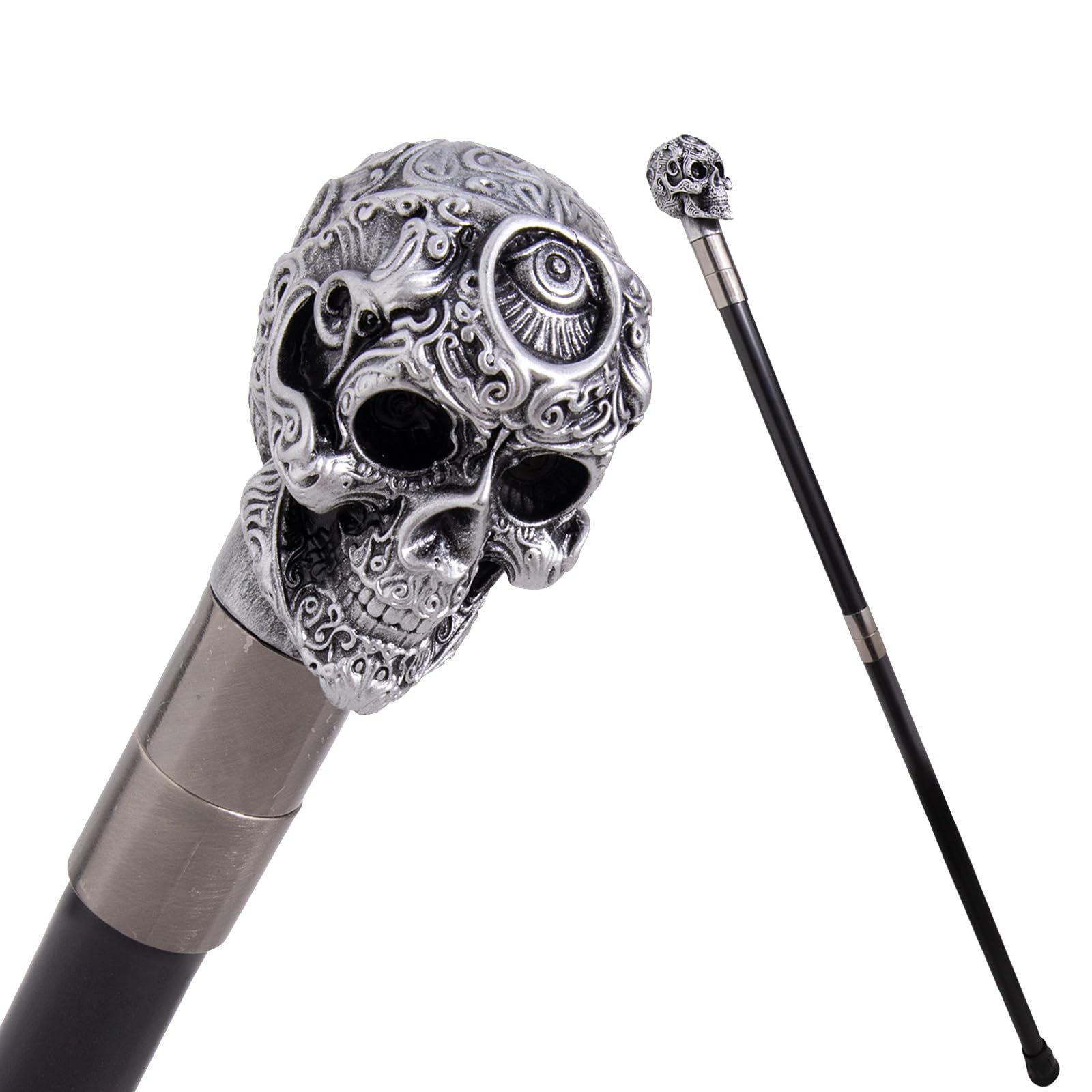 Elegante Bastón de Lujo con Diseño de Calavera, para Hombre y Mujer, con Empuñadura Antideslizante Extraíble, Cospaly Vintage Party 93 Cm(Silver)