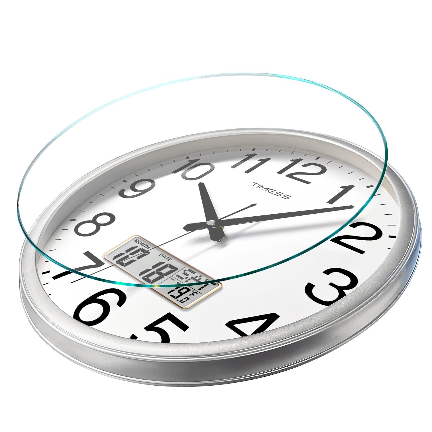 TIMESS Reloj de pared, 40,6 cm, silencioso, funciona con pilas, cuarzo analógico con pantalla LCD para calendario perpetuo y temperatura F, ideal para el hogar, dormitorio, cocina, oficina (plateado)