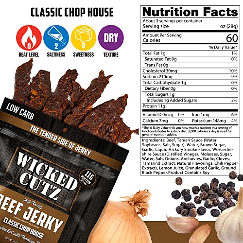 Image of Wicked Cutz Classic Chop House Beef Jerky, 33g Protein Per Bag, Tender & Easy to Chew Alternative to Beef Sticks, USA Made High Protein Carnivore Snacks (2 Bags)