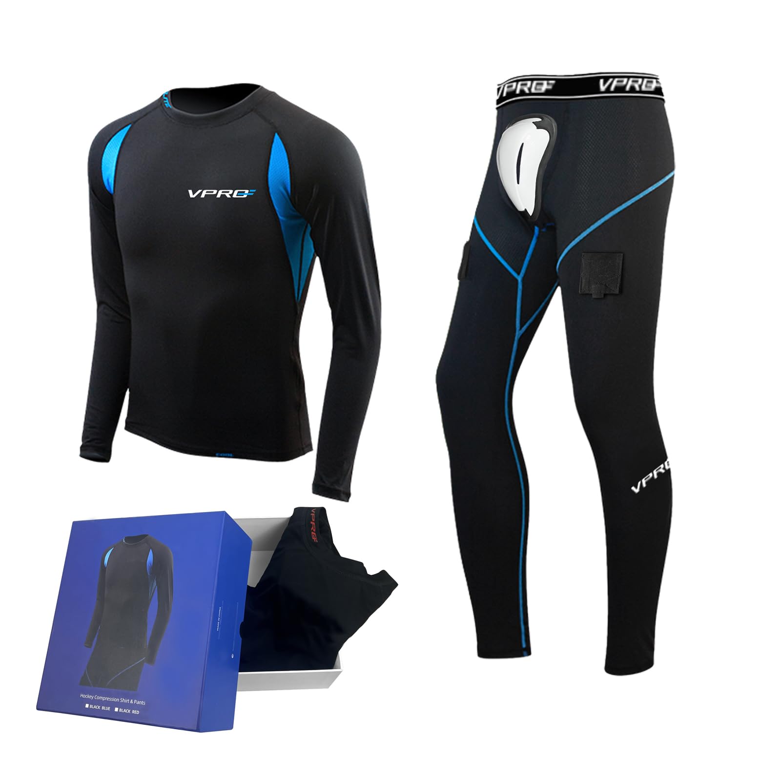 VPRO Quick-Drying Clothes Hockey Baselayer Set - Long Sleeve Compression Shirt and Pants, Moisture Wicking Quick-Drying Includes a protective shield shell (Blue, SR/XXL)
