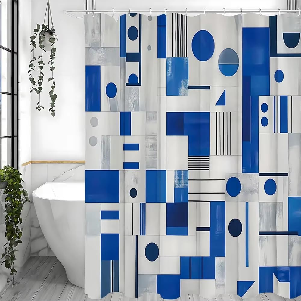 Cortina de Ducha con patrón geométrico Azul, Lavable, Impermeable, de poliéster, para decoración del hogar 300x200cm/118x79in(Ancho X Alto)
