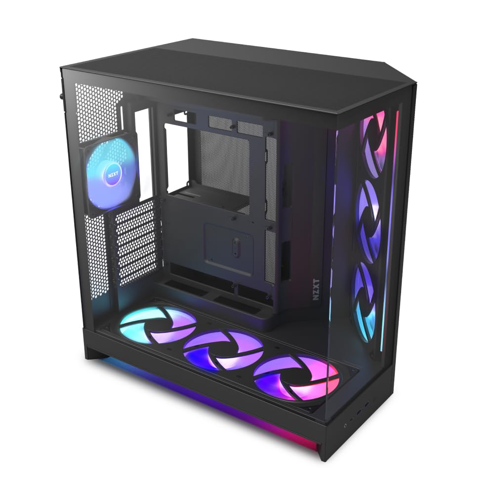 NZXT H9 Flow RGB+ (2025) – Großes Dual-Kammer ATX Mid-Tower Airflow PC-Gehäuse – Enthält 7 RGB-Lüfter (6 x 140mm, 1 x 120mm) und Steuerungshub – 420mm Radiatorunterstützung – Schwarz