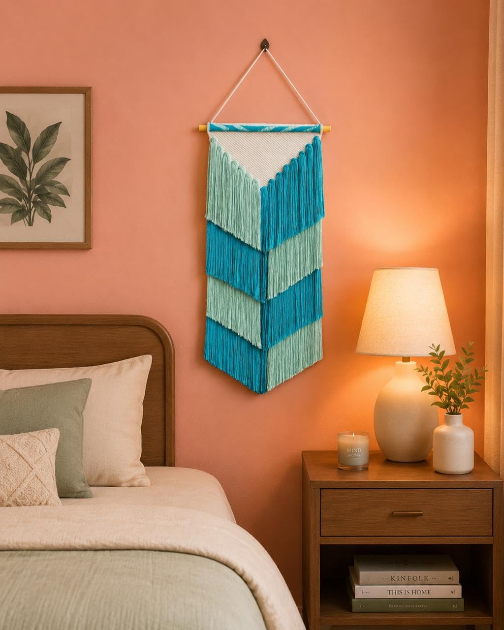 Osric Macrame Wall Hanging 12x30 inch Teal Blue for Home Decor (Large W-B) | Chevron Fringe Design, Boho Home Decor, Wooden Dowel Rod, Bedroom Wall Art, Two-Tone Yarn-image-13