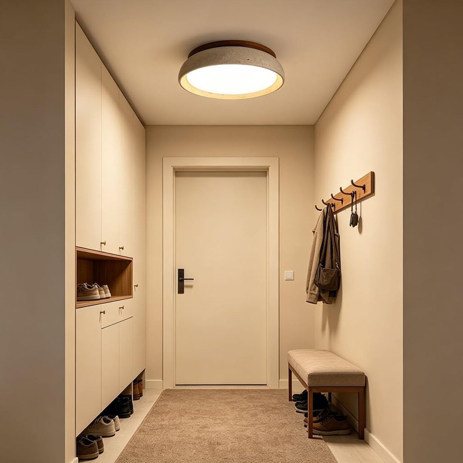 Plafón de Techo Travertino Natural – Lámpara LED de Luz Cálida Fija con Madera Maciza, Estilo Wabi Sabi Vintage para Salón, Dormitorio, Cocina, Luz cálida