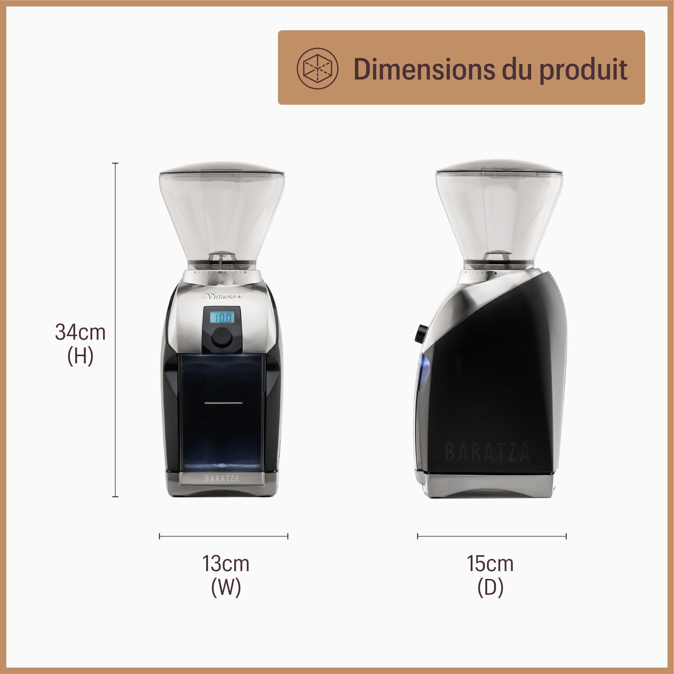 Baratza - Virtuoso+ 230V Coffee Grinder - Moulin à café électrique avec Fraise Conique en Acier, Timer et Lumière Intégrée - Espresso, 300g Capacité de la Trémie - Noir