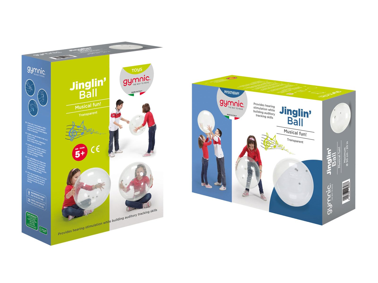 GYMNIC Jinglin’ Ball Palla sonora trasparente Ø 50 cm con campanellini interni, strumento terapeutico e ludico per sviluppare percezione, coordinazione e movimento