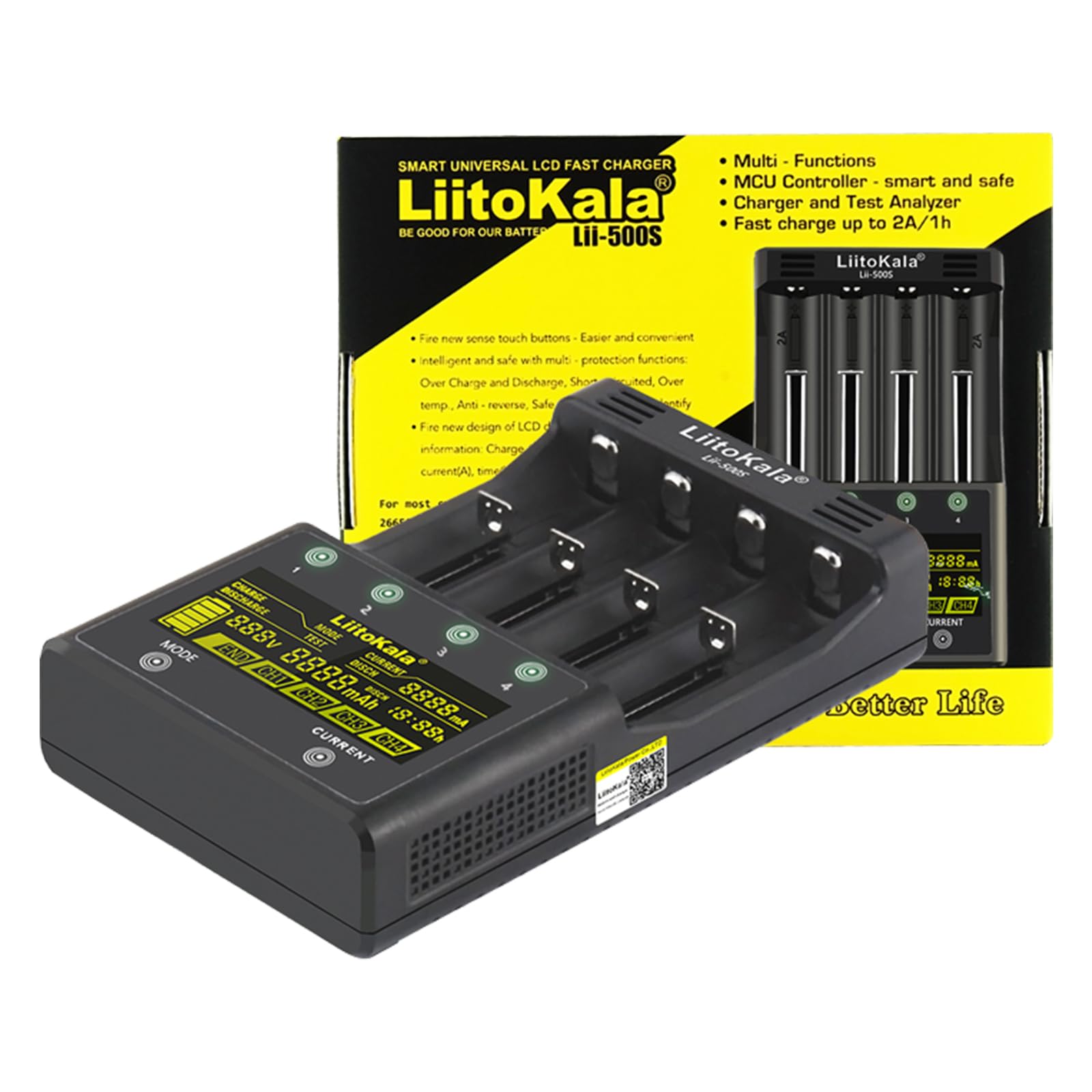 LiitoKala Lii-500S 18650 Chargeur de batterie rapide avec écran LCD Contrôle tactile Chargeur de batterie AA 4 emplacements avec adaptateur 12 V 3 A pour 10400 21700 Li-lion AA AAA Ni-MH Ni-CD