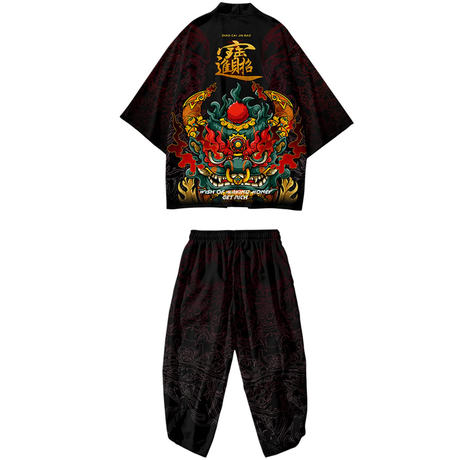 WYUKNTraditional Kimono Set,Japanese Kimono Cardigan - Cartoon Print Jacket/Plus Size Casual Harem Pants Suit/Men Summer Clothing/Loose Pajamas Bathrobe,E3-L