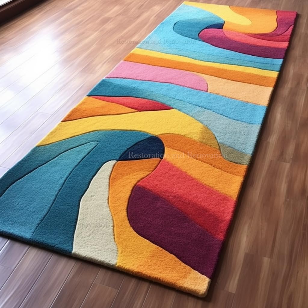 Restoration and Renovation Modern Runner Wool Rug - Vibrant Colorful Patterns with Abstract & Geometric Design Carpet - Plush Texture for Living Room,
