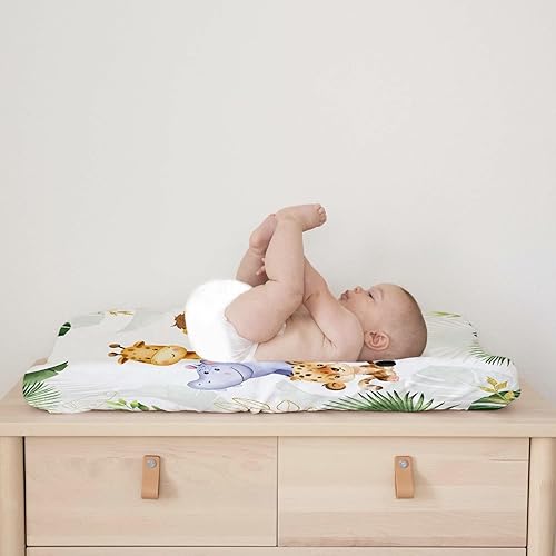 Miniatura 6 de Funda para cambiador de pañales con estampado de animales y hojas tropicales, diseño de safari de selva, león, elefante, cebra, jirafa, hipopótamo,