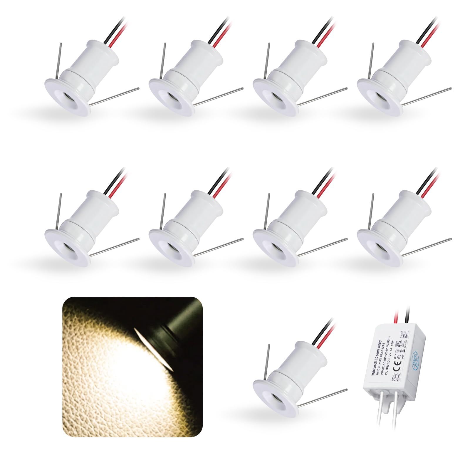 kpslucerna 9pcs 12V 1W Mini LED Downlight, IP65 Water Resistant Small Recessed Spotlight, Ø15mm Round Plinth Spot Light Cabinet Showcases Displays Wall Kitchen Staircase Media Wall(White Warm 120°)