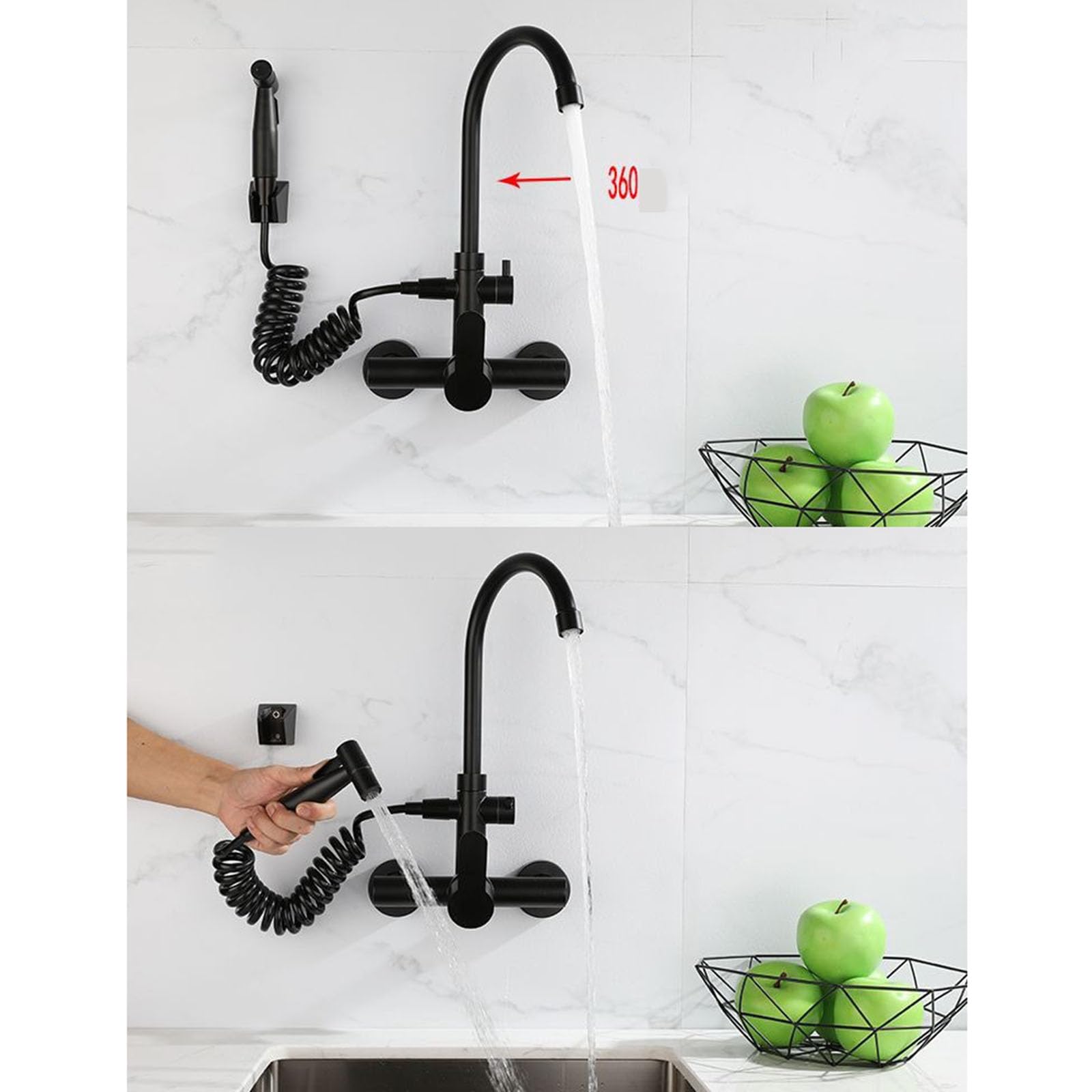 Grifo de Cocina Monomando de Pared con rociador, Grifo Monomando para Fregadero, caño Giratorio, Grifo Monomando de Cocina de 2 Orificios, Color Negro