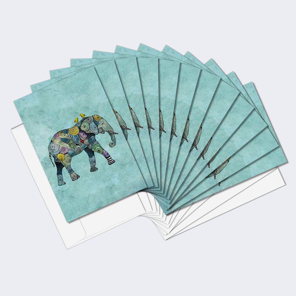 Tree-Free Greetings - All Occasion Cards - Artful Designs - 12 Greeting Cards + White Envelopes - Made in USA - 100% Recycled Paper - 4 x 6 - Elephant and Yellow Birds (AFS1037)