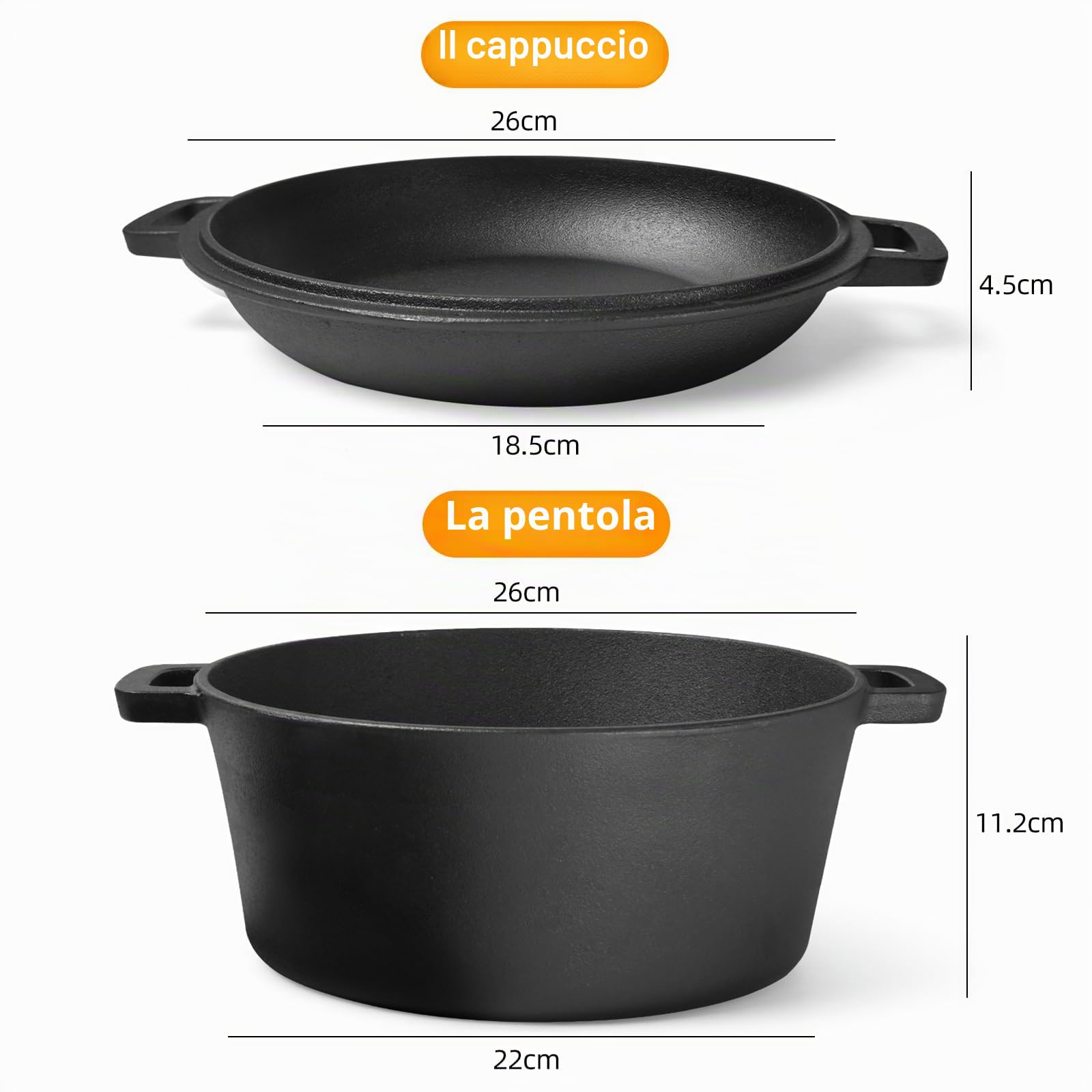 Casseruola in ghisa da 4,5 litri con coperchio tutto in uno come padella, ideale per la panificazione, stufati e casseruola - Compatibile con induzione, gas, campeggio, fuoco, BBQ e griglia