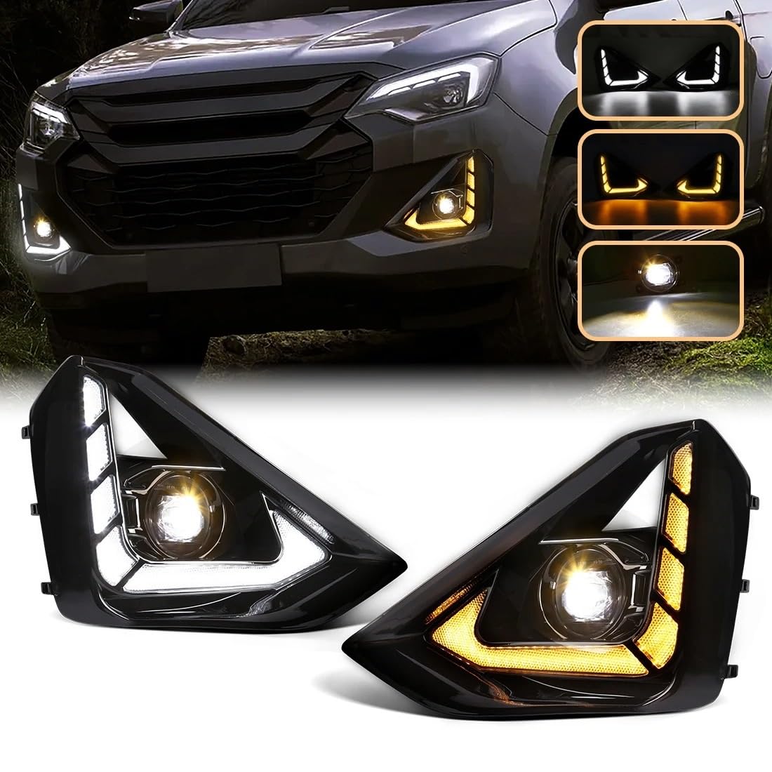 Luz Diurna LED Para Isuzu Para D-max 2024 2025 Conjunto Faros Antiniebla Intermitentes Delanteros Conducción 12V Luces Antiniebla Luz Niebla(Yellow and White)