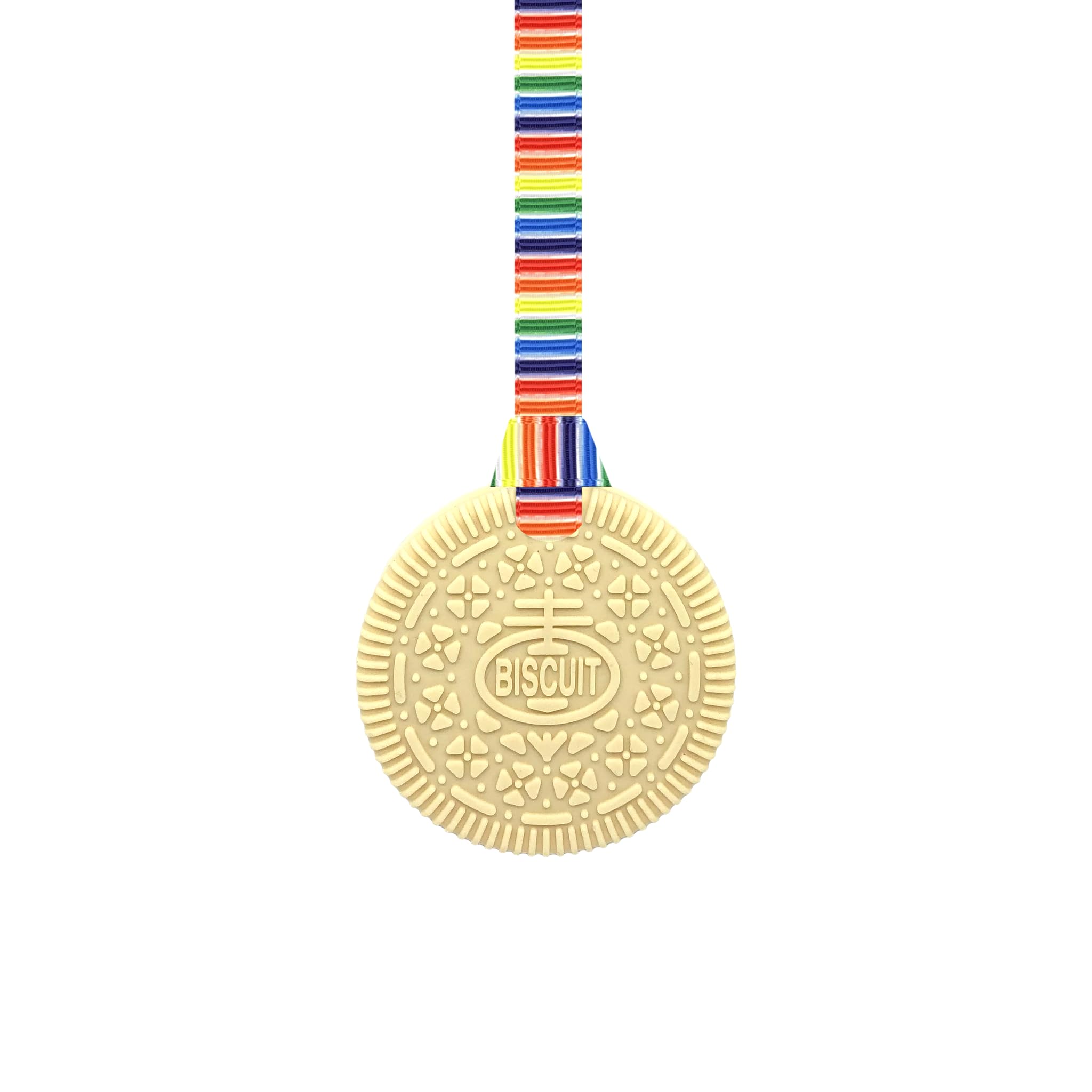 Sensory Oojamabobs Biscuit Sensory Chew Necklace with Lanyard - Custard - for Kids with Autism, Anxiety & ADHD - 100% Food Grade Silicone (Retro stripes, 54cm Lanyard)