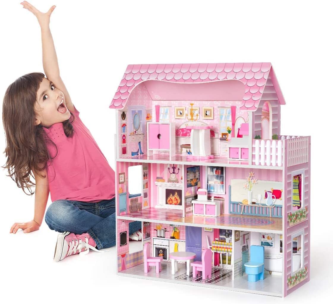 KIDSAVIA® - Wooden Dollhouse (70cm Tall) with Furniture and LED Lights - Dream House Cottage with 12 Pieces of Furniture Accessories 3 Storey Play Set Gift for Ages 3+ (62 * 27 * 70cm)