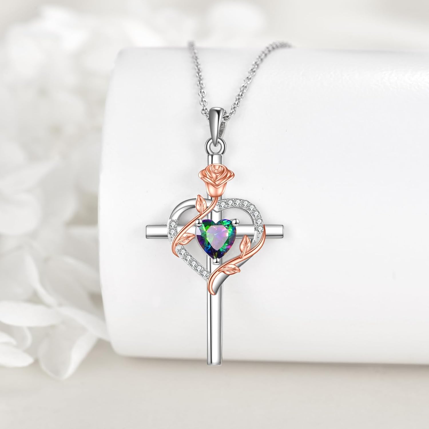 Rose Cross Necklace 925 Sterling Silver Heart Crucifix Pendant Birthstones Jewelry Gifts for Women