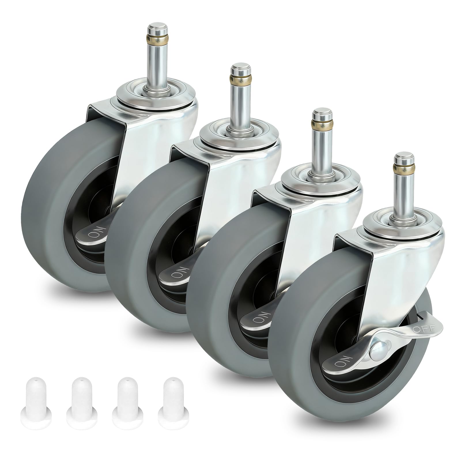 4 Inches Stem Caster Wheels,7/16-Inch Stem Diameter Rubber Casters Set of 4 with Side Brake,Heavy Duty TPR Replacement Wheels for Utility Cart Rubbermaid Mop Bucket Shop Vac Weber Grills - 4 Pack