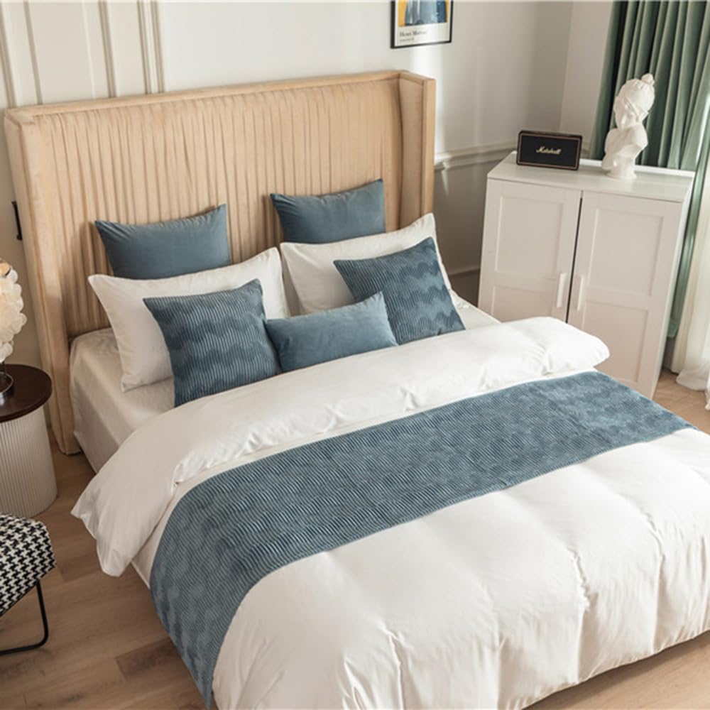 QRGMKL New Wavy Lines Bed Runner North Europe Bed Scarf Simple Solid Color Velvet Bed Runners and Matching Cushions for Bedroom Hotel-Blue B||180X45cm for 1.2m Bed