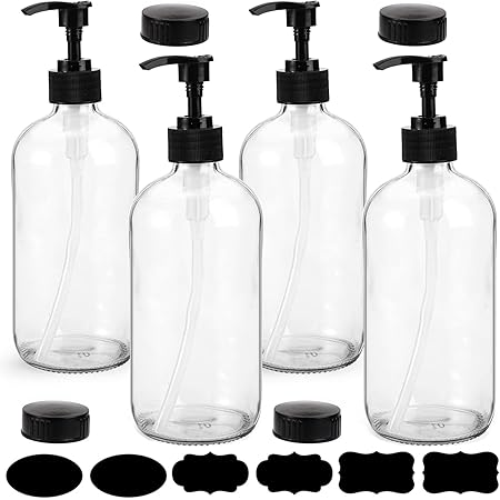 Yarlung 4 Pack 16 Oz Glass Pump Bottles, Clear Refillable Containers Glass Soap Dispenser for Essential Oils, Lotions, Cleaning Products, 4 Black Caps 6 Labels