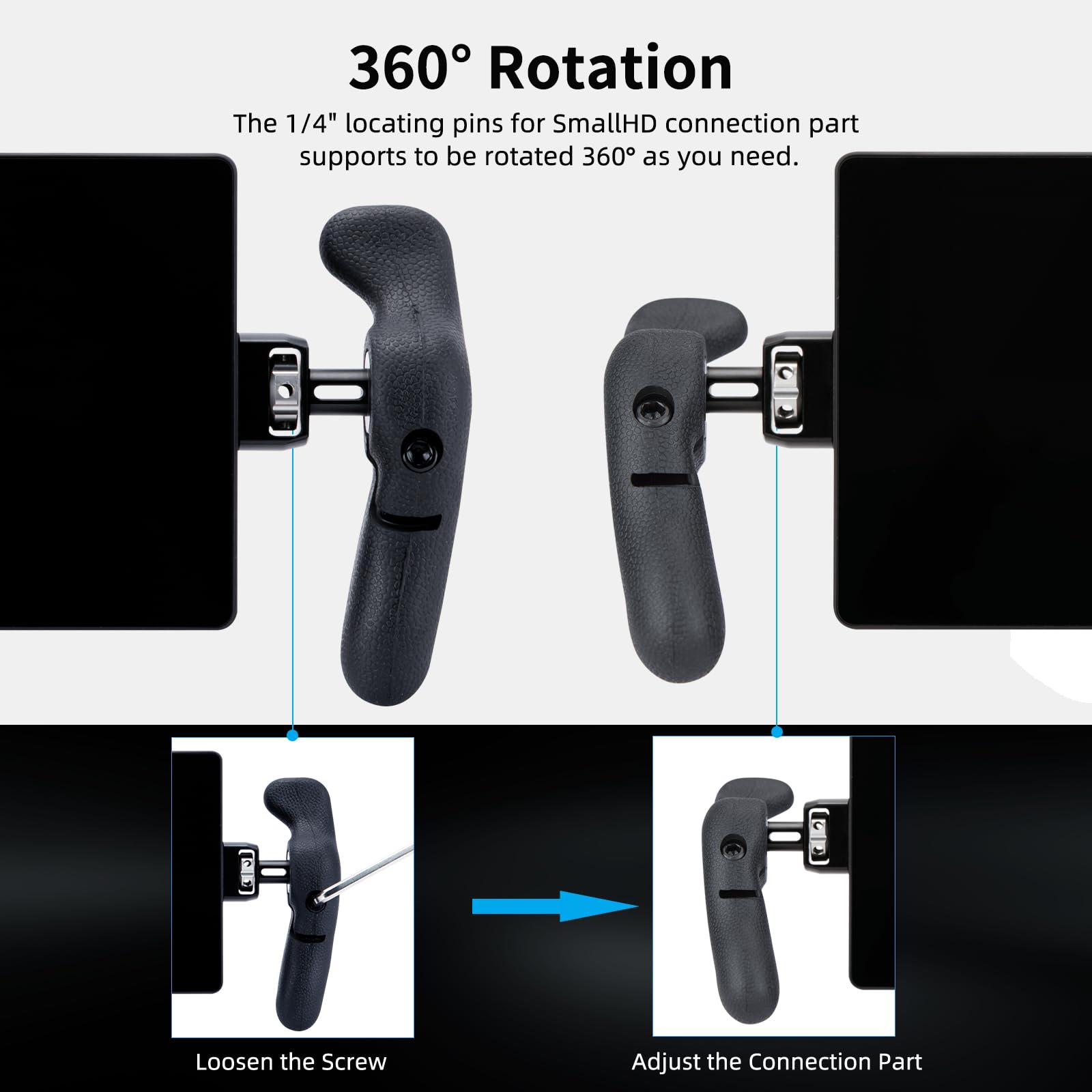 Nitze Poignée Latérale pour Le Moniteur SmallHD, Poignée Latérale en Aluminium et Caoutchouc Ajustable à 360° avec Fente pour Bandoulière - PA32F
