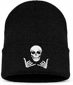 Gorro Skull Bordado em Tricô Preto Unissex – Touca de Inverno Stretch em Acrílico Quente e Confortável com Estampa Caveira Street Style para Frio, Skate, Moto, Caminhada e Uso Urbano