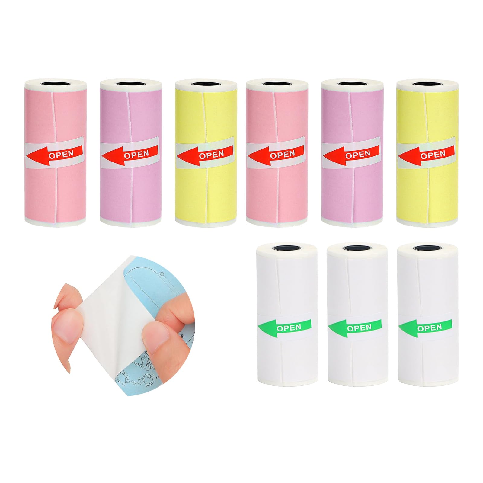 9 Rollos Papel Térmico Cámara Infantil 57x25 mm | Papel Autoadhesivo Mini Impresora | Blanco y Colores | Compatible con Impresora Térmica Portátil y Cámara Instantánea