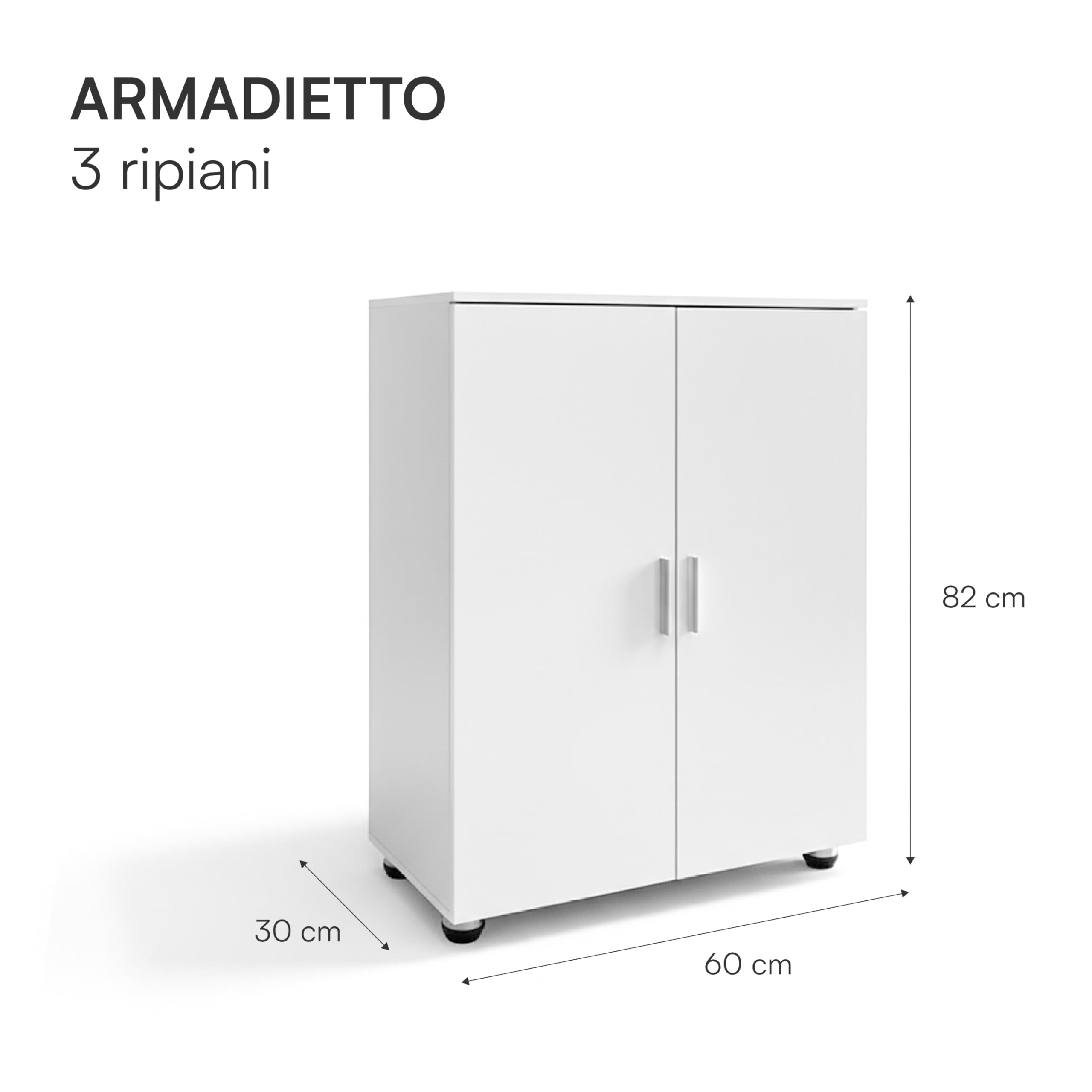 Baroni Home Mobile Bagno a 2 Ante con 3 Scomparti Interni, Armadietto Salvaspazio in MDF con Maniglie e Piedi in Acciaio, Mobile Multiuso per Bagno e Lavanderia, 30x60x82 cm (Bianco)