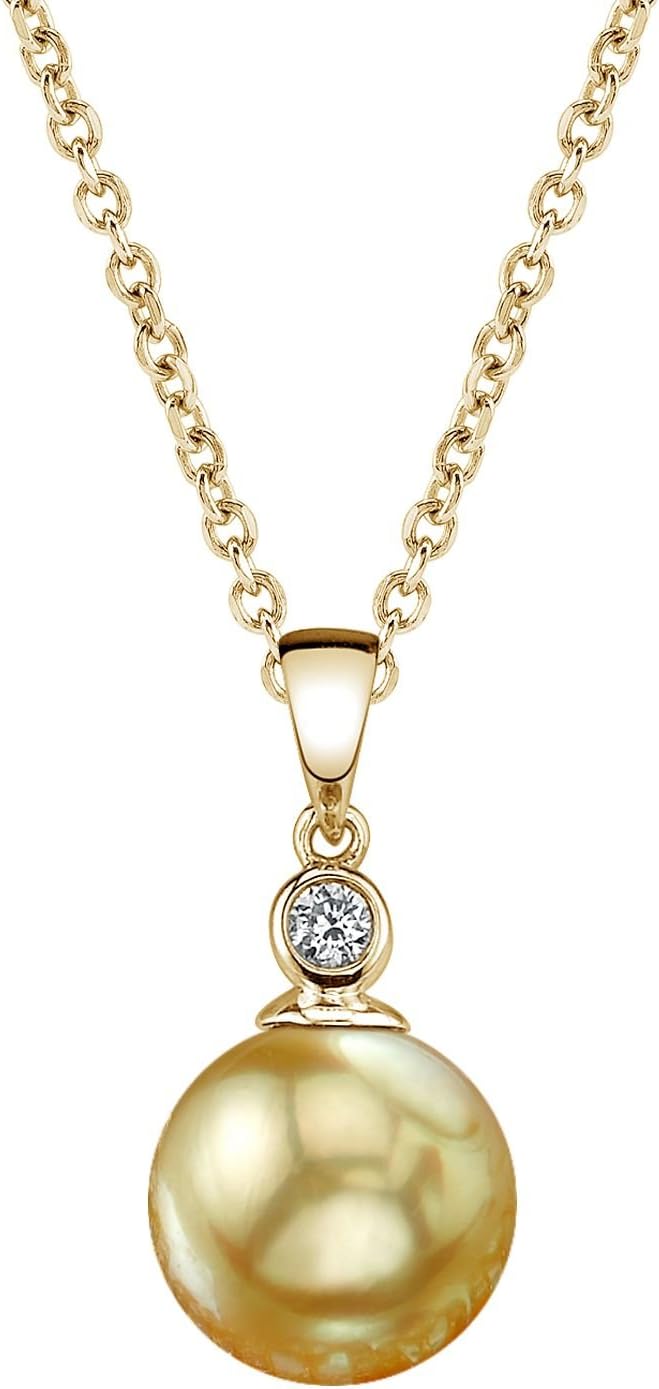 The Pearl Source 14K Gold 9-10mm Round Golden South Sea Cultured Pearl & Diamond Michelle Pendant Necklace for Women
