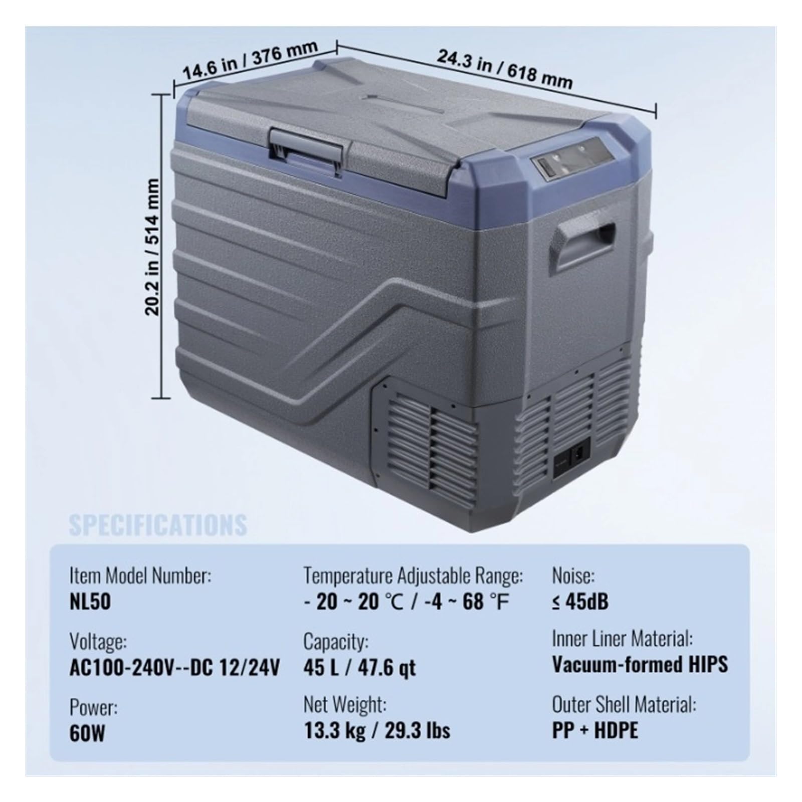 Refrigerador for Auto de 12 voltios, 40 L, Doble Zona, -20 °C - 20 °C, 12/24 V CC y 100-240 V CA, for Acampar al Aire Libre y Autocaravana.(55L)