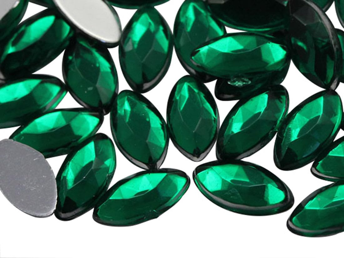 15x7mm Green Emerald .MD Navette Flat Back Acrylic Rhinestones Marquise Gems for Crafts Horse Eye Costume Embelishments Card Making Jewels Jewelry Making Cosplay Jewels 40 Pieces