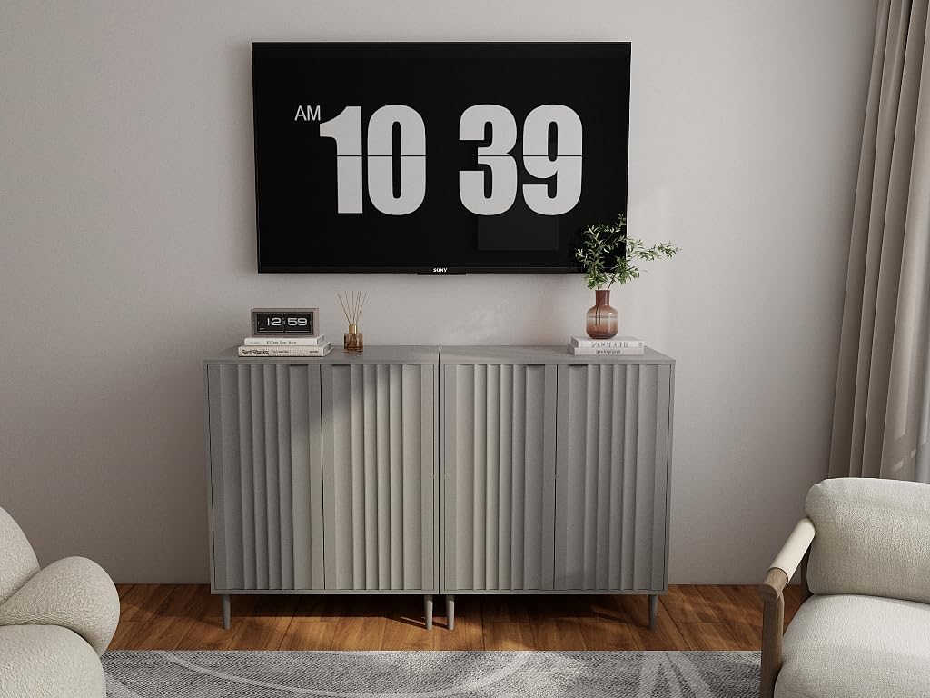 Modern Storage Cabinet, Gray, Wood Construction, Vertical Fluted Door Design, Mid-Century Style, Living Room TV Stand, 31.5x39.4 Inches,Antique Grey