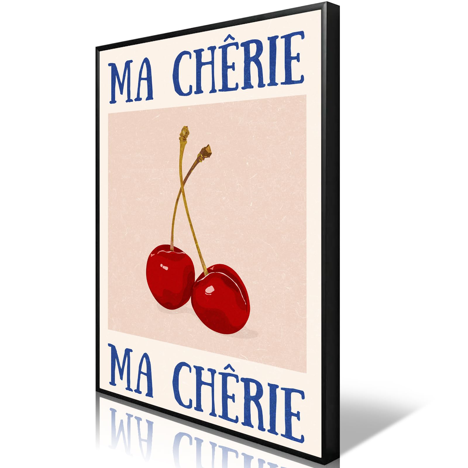 Anslipswar Women's Ma Cherie Framed Retro Funky Cherry Canvas Wall Art, Framed Vintage 70S Red Blue Posters For Room Aesthetic, Trendy Preppy Cherry Picture Print For Teen Girls College Dorm Apartment Decor 12X16in