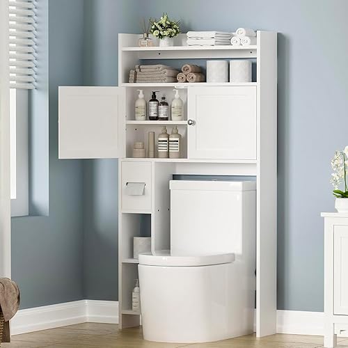 Miniatura 6 de Armario de almacenamiento sobre el inodoro con soporte de papel higiénico, 7 niveles de almacenamiento sobre el inodoro con estantes y puertas,