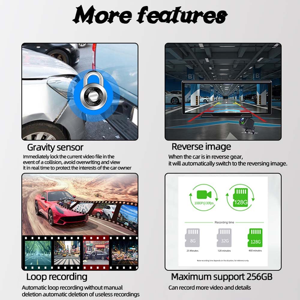 10" Super HD IPS Écran Tactile Smart Display Stéréo de Voiture Enregistreur Avant Intégré 12V-24V Camion Van sans Fil Carplay Android Auto Bluetooth 5.0 Mains Libres AHD Caméra