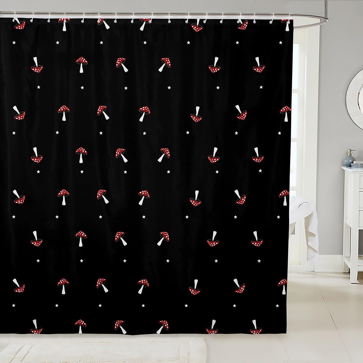 Cute Mushroom Kawaii Shower Curtain, Kid Cartoon Bath Curtain, Red Mushroom Farmhouse Botanical Bathroom Set, 72" W x 78" L