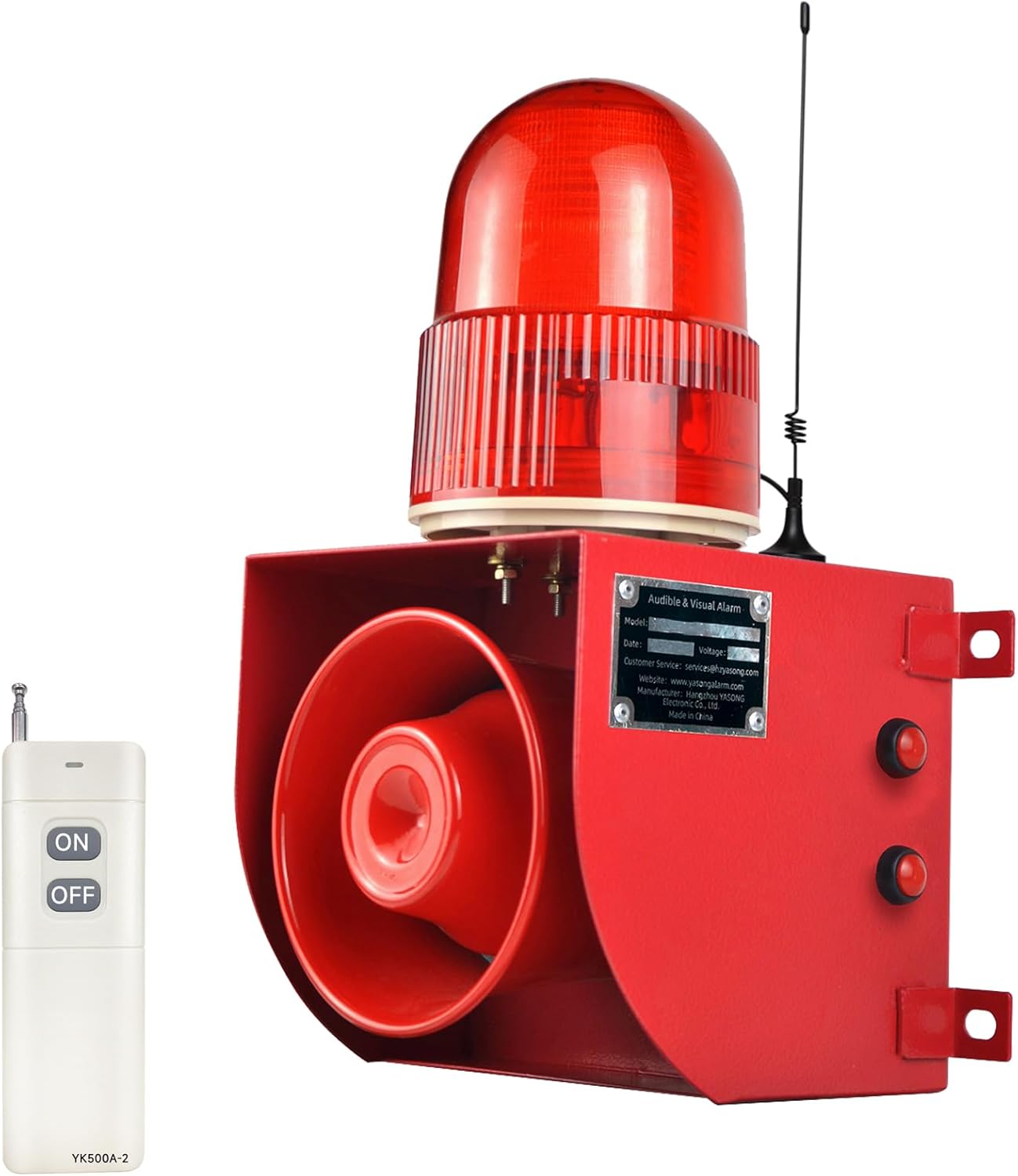 Outdoor Indoor Alarm Siren Wireless Waterproof 0.3mile Remote Control Emergency Security Siren with 0-120dB Adjustable, 12 Tone Switchable for Warehouse Industry Buliding AC110-120V