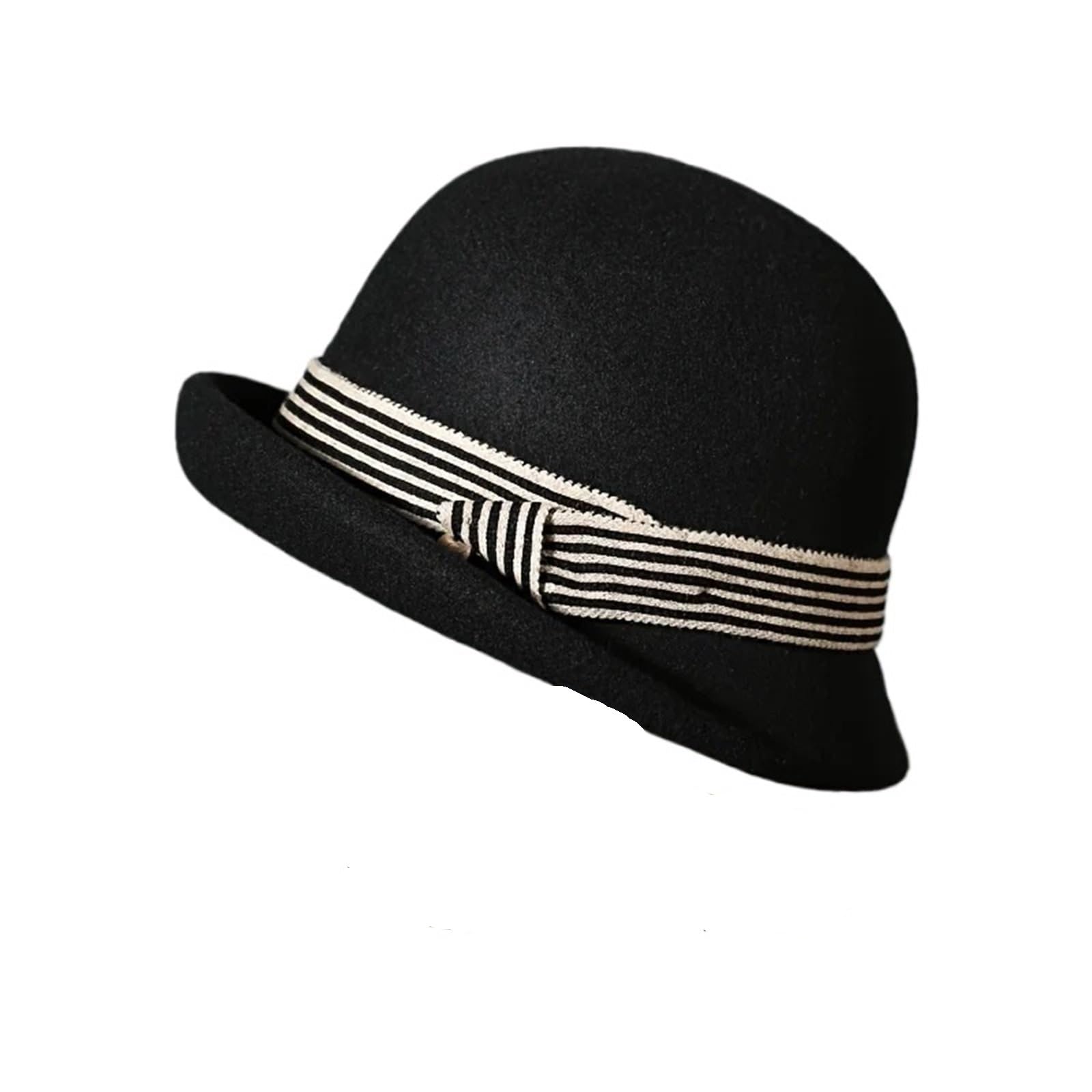 Cappello Donna Invernale Cappello in Feltro, Parte Superiore Rotonda, Cappello a Cilindro Piccolo con Bordo Arricciato alla Moda, Cappello da Bacino in Lana da Donna(Black)