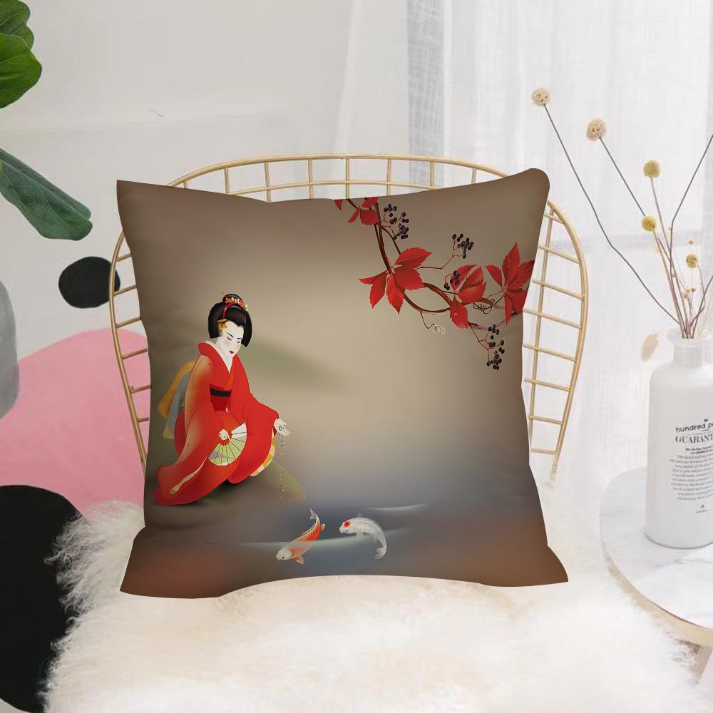HYOSXW Cushion Cover,Throw Pillow Case Home Decorative for Living Room Bedroom Sofa Chair 16X16 Inch,Japanese Girl on cherry blossom background. Vector,Pillowcase 40X40cm