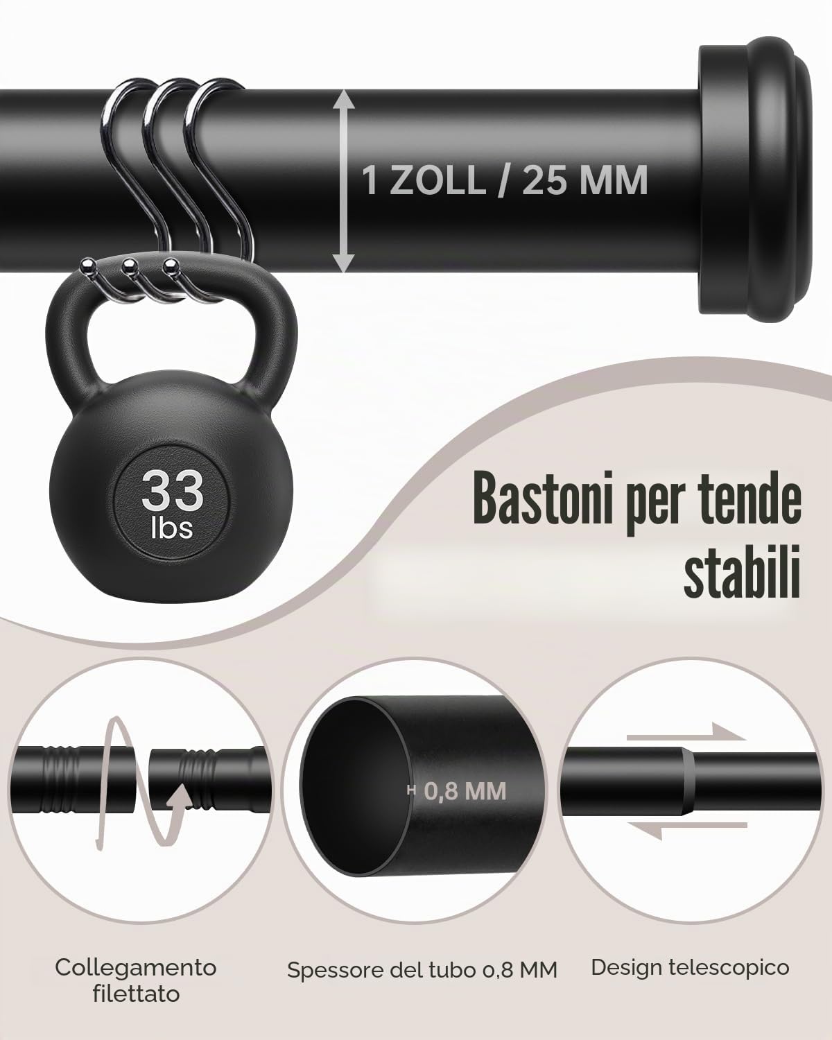 Bastone Tende 80–183 cm, Asta Estensibile Ø25 mm, Bastoni per Tende con Staffe per Finestre di Camera da Letto e Soggiorno, Nero Opaco