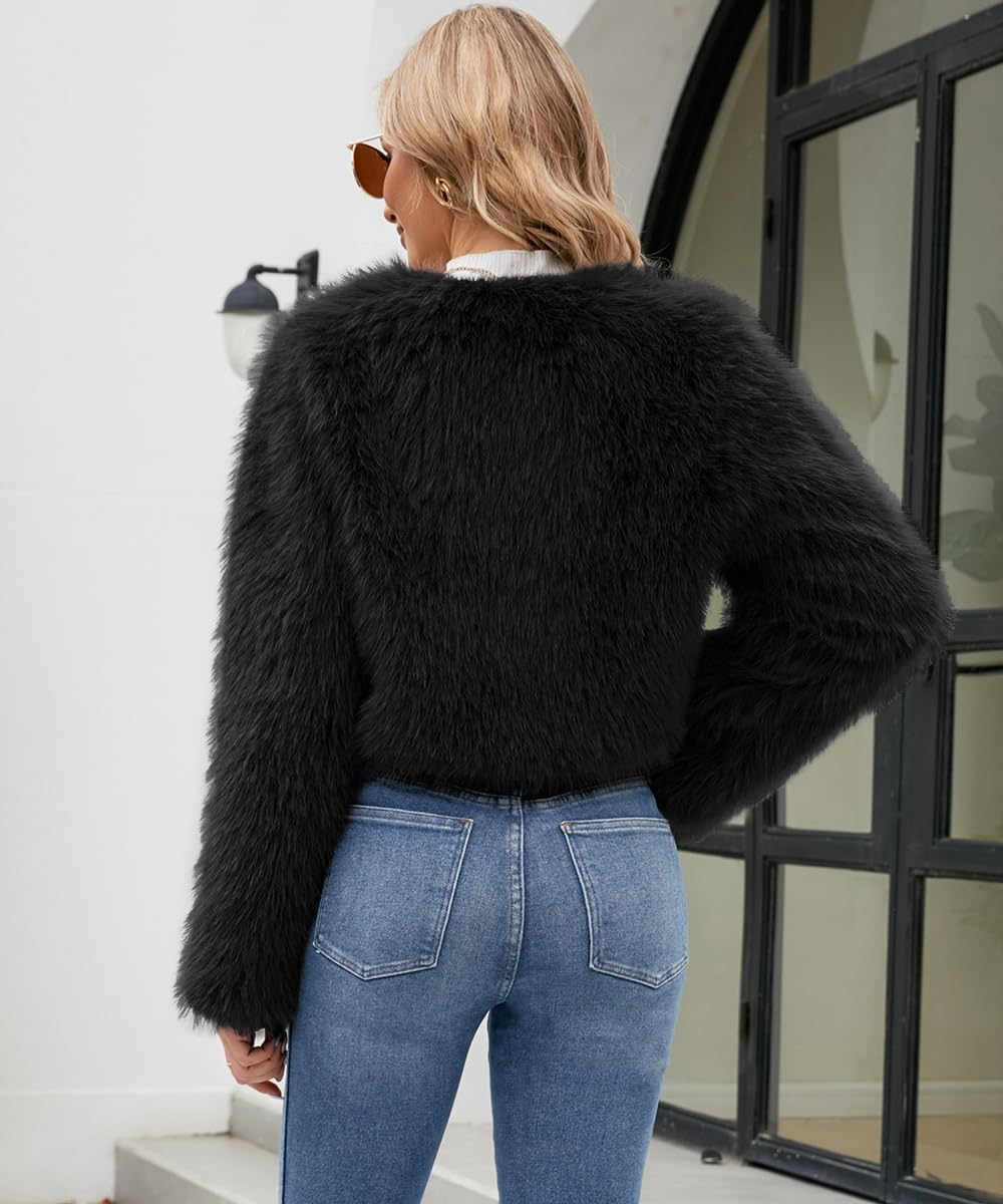 SCOFEEL Women’s Cropped Faux Fur Coat Long Sleeve Open Front Short Jacket Winter Spring Warm Outwear - Image 3