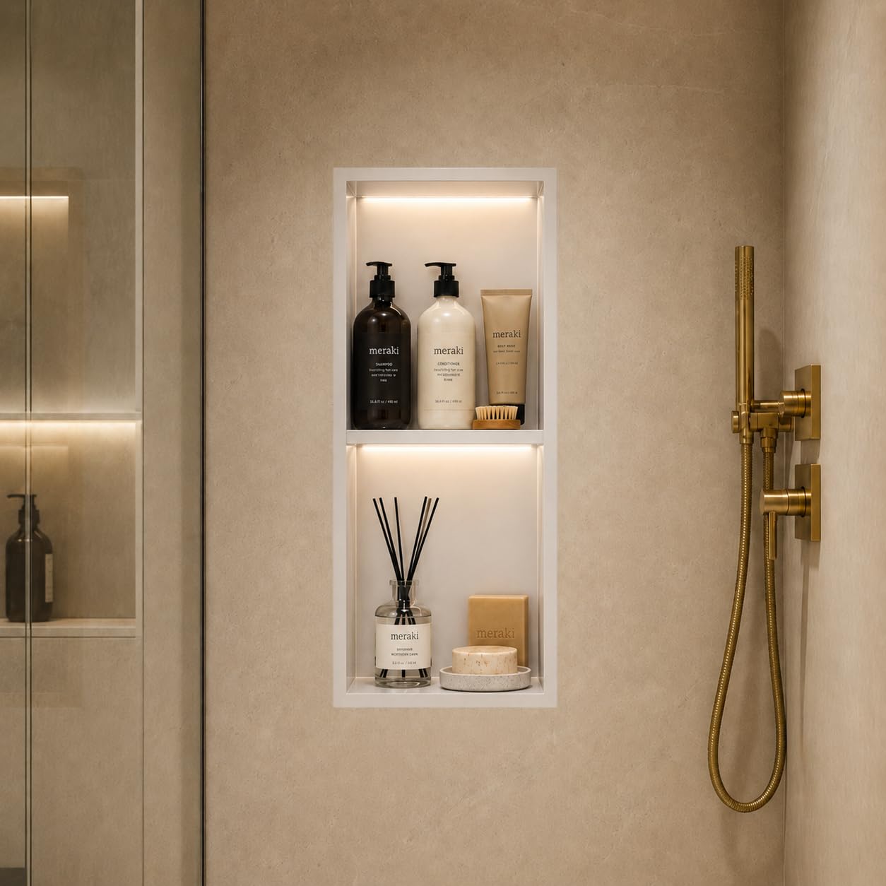 Hornacina Ducha Empotrable con LED 33x63 cm Nicho Ducha Vertical Doble Acero Inoxidable S.304 Nicho Baño Pared | Estante Ducha Iluminado Anticorrosión | MEDIMEX Marshall (Blanco Mate)