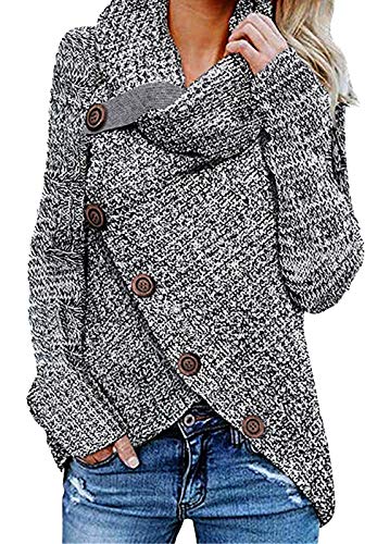 CLOUSPO Pull Col Roulé Femme Manche Longue Boutonné Croisé Devant Casual Oversize Tops pour Printemps Automne Hiver (Gris, M) Cover