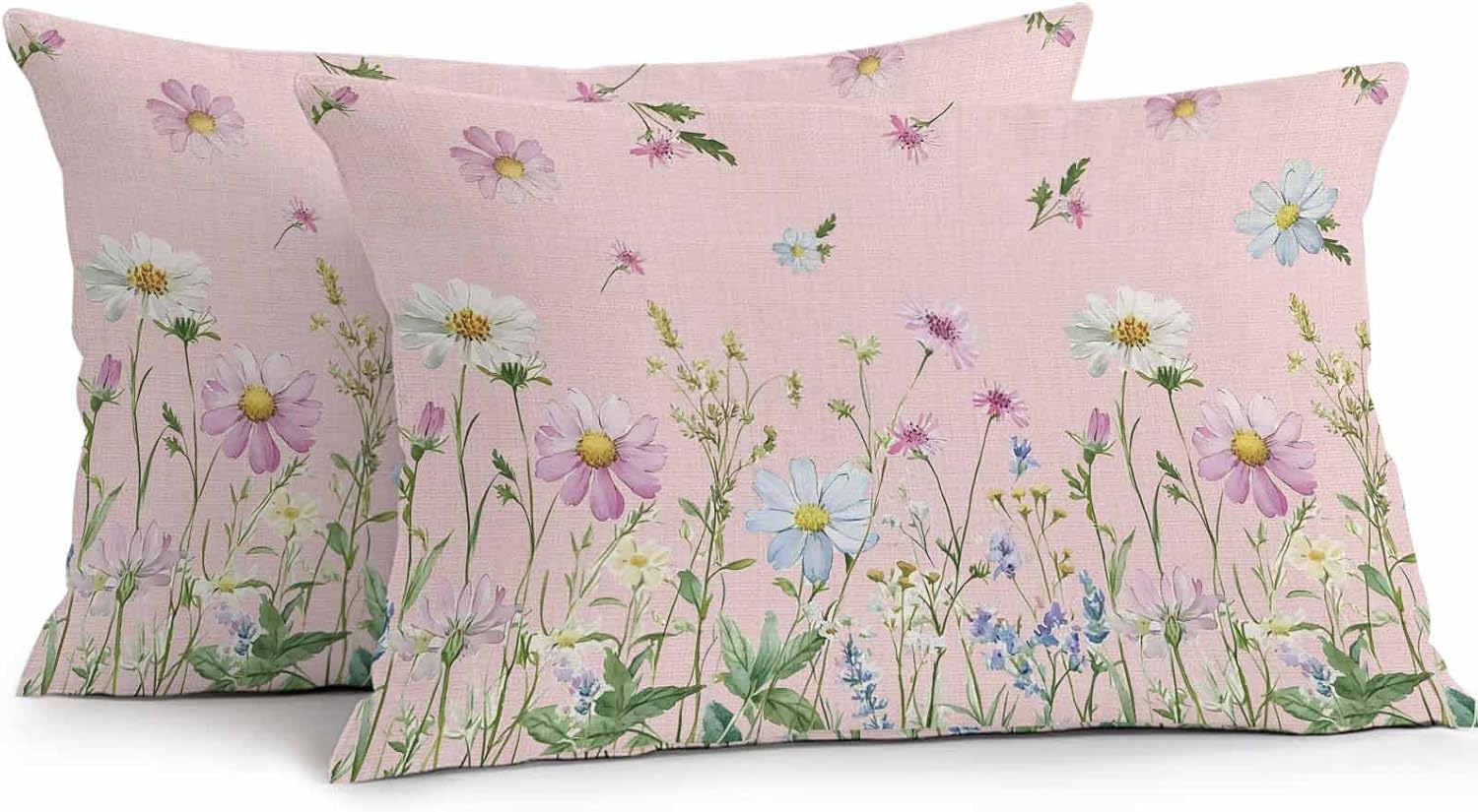 T&H XHome Outdoor Waterproof Throw Pillow Covers 20"x12" Set of 2 Pink Linen Bottom Flowers Herbs Decorative Cushion Cover Pillowcase for Garden Patio Tent Beach Bedroom Living Room Sofa Couch