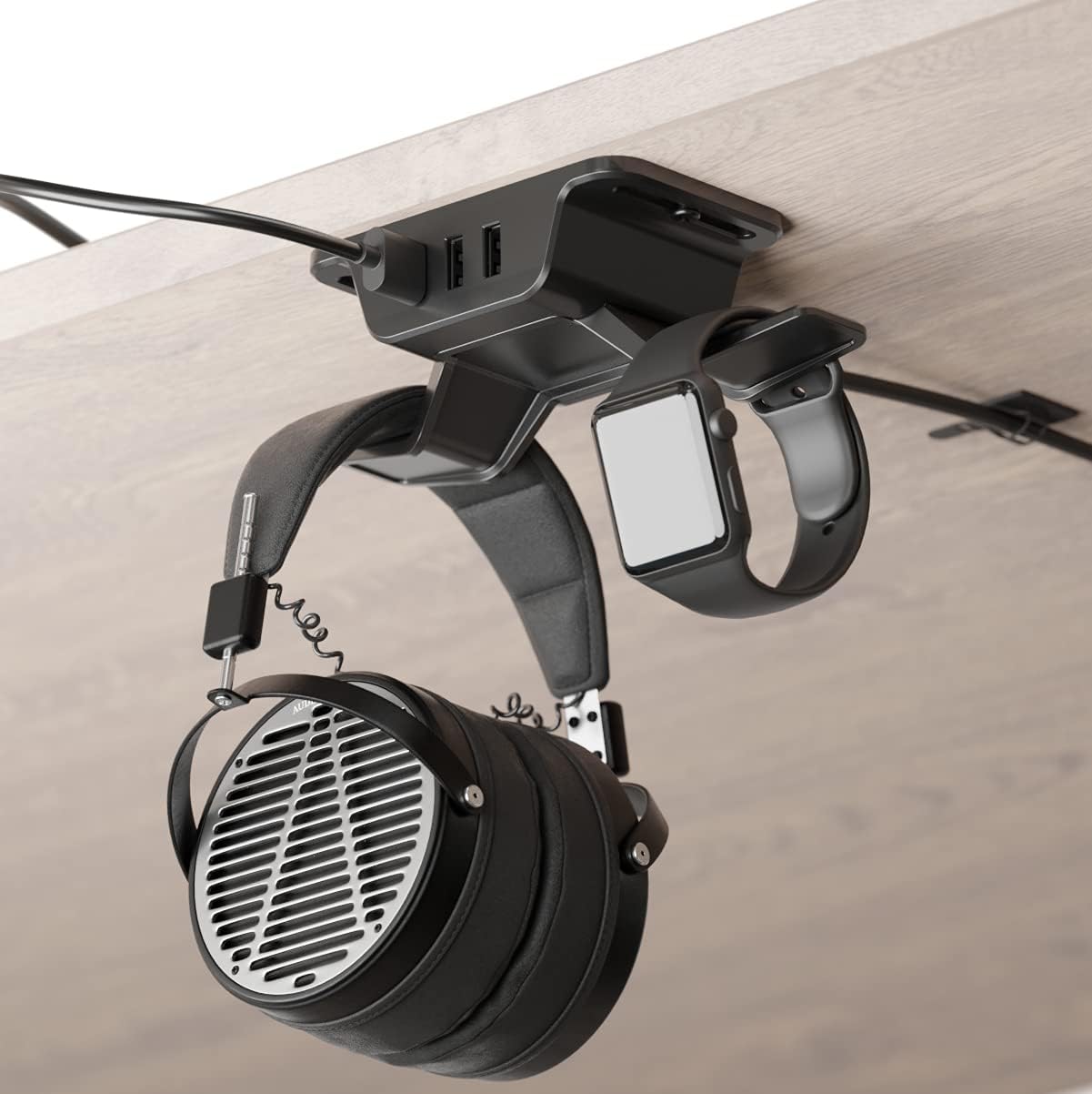 Exclusive HumanCentric Hook and Charge Headphone Hanger with USB Charger, Under Desk Headphone Mount + Headphone Stand, Charge Accessories with 3 USB A Ports, Hook Headphones on Headset Holder Desk Hook, Black